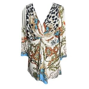 Boston Proper Cream Mixed-Print Knot Front Blouse with Blue Accents